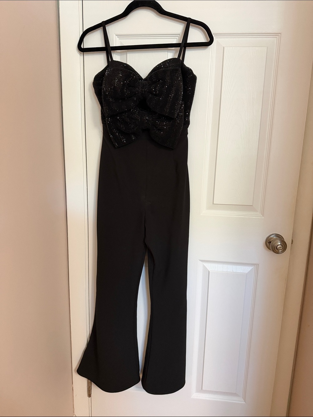 Jovani Black Strapless Sparkle-Bow Jumpsuit